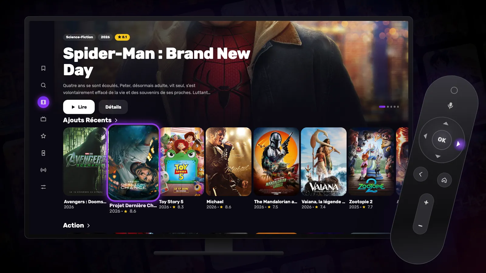 Un téléviseur affichant les rangées de films de Reeltu, avec une télécommande à côté.