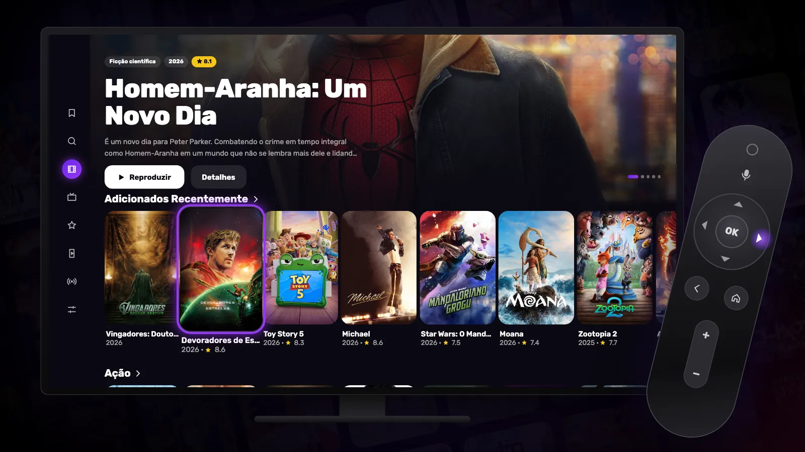 Uma TV mostrando as fileiras de filmes do Reeltu, com um controle remoto ao lado.