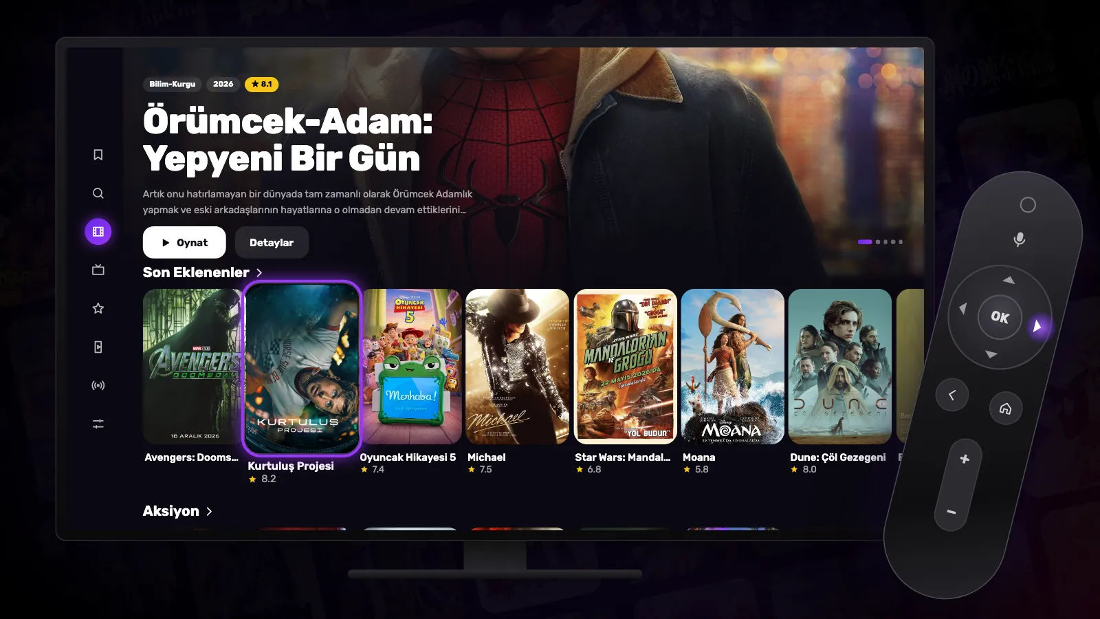 Reeltu’nun film satırlarını gösteren bir televizyon ve yanında bir TV kumandası.