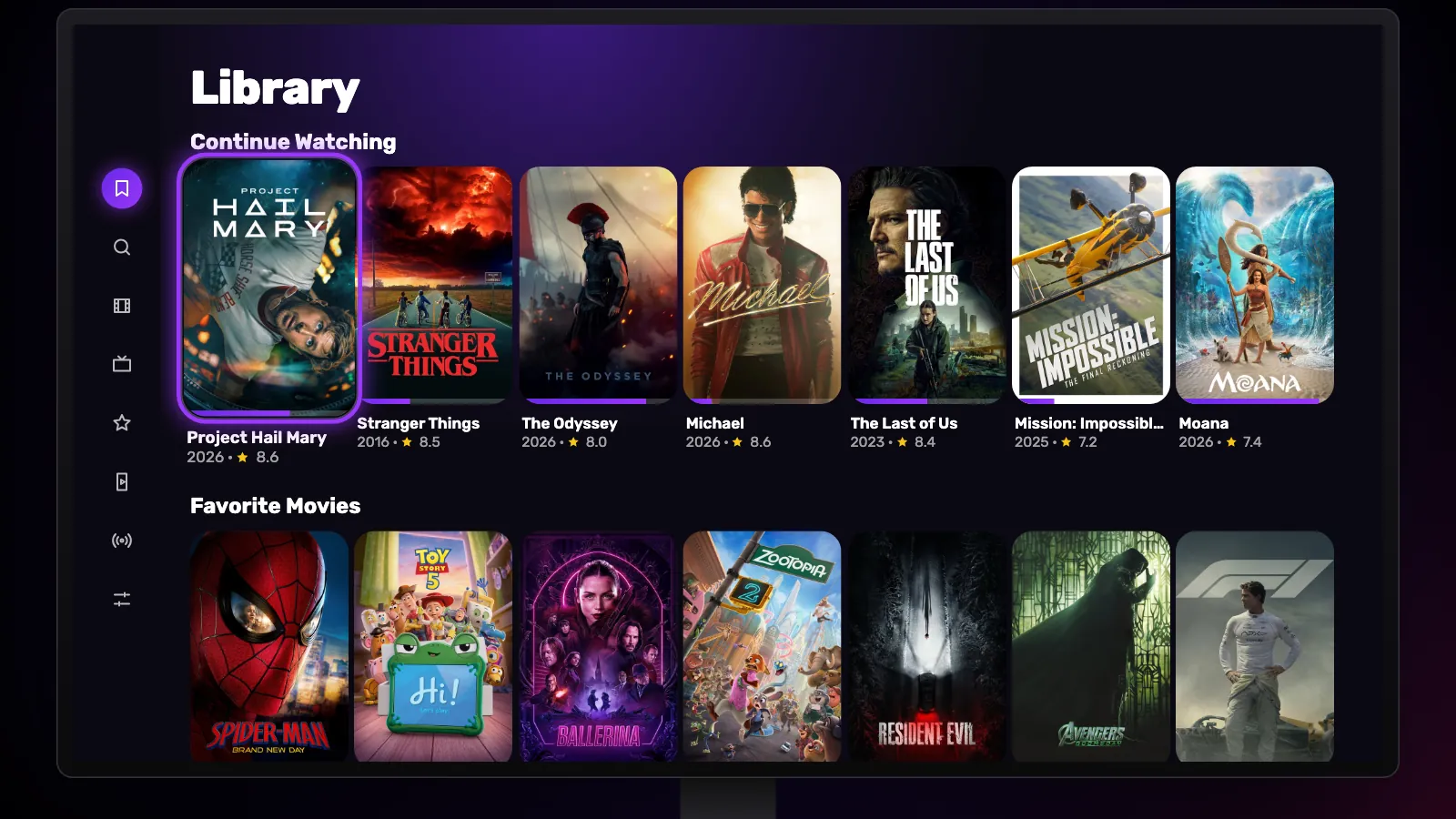 The Library on a TV: Continue Watching at the top with progress bars, then Favorite Movies and Favorite Series.