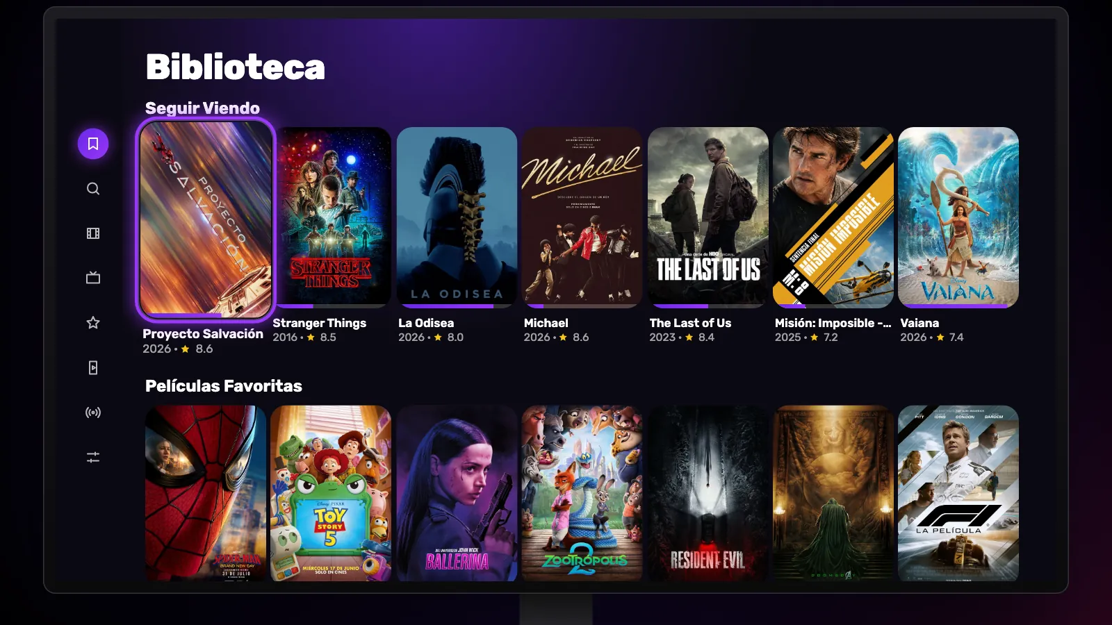 La Biblioteca en la TV: Seguir Viendo arriba con barras de progreso, y después Películas Favoritas y Series Favoritas.