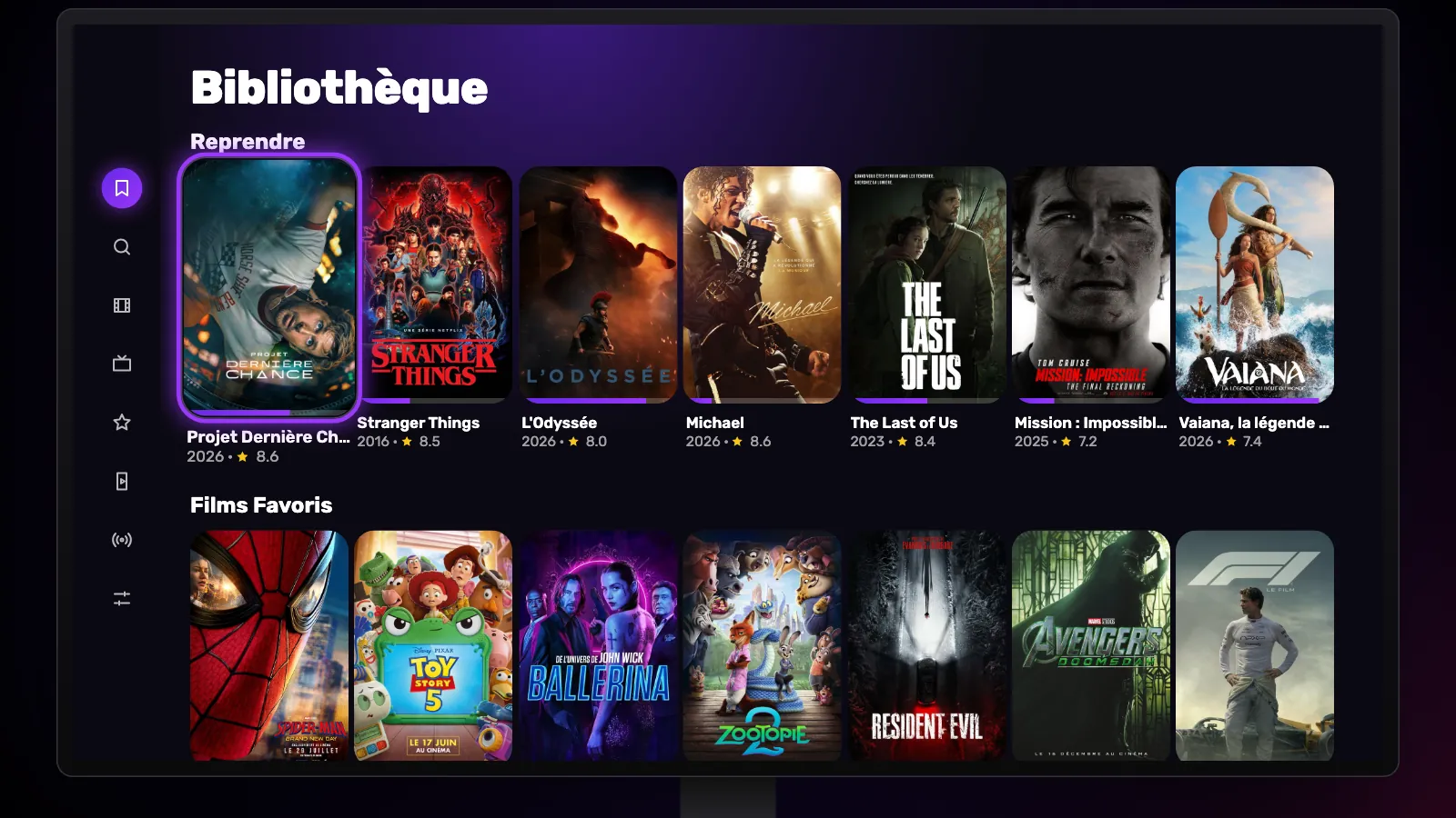 La Bibliothèque sur TV : Reprendre en haut avec des barres de progression, puis Films Favoris et Séries Favorites.
