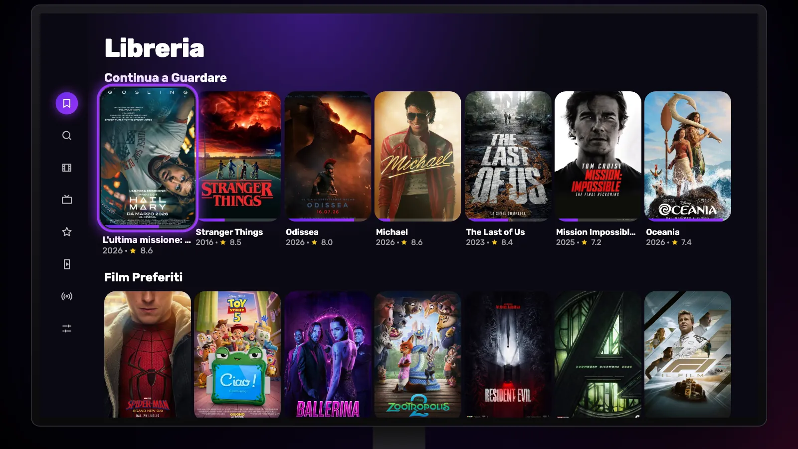 La Libreria sulla TV: Continua a Guardare in alto con le barre di avanzamento, poi Film Preferiti e Serie Preferite.