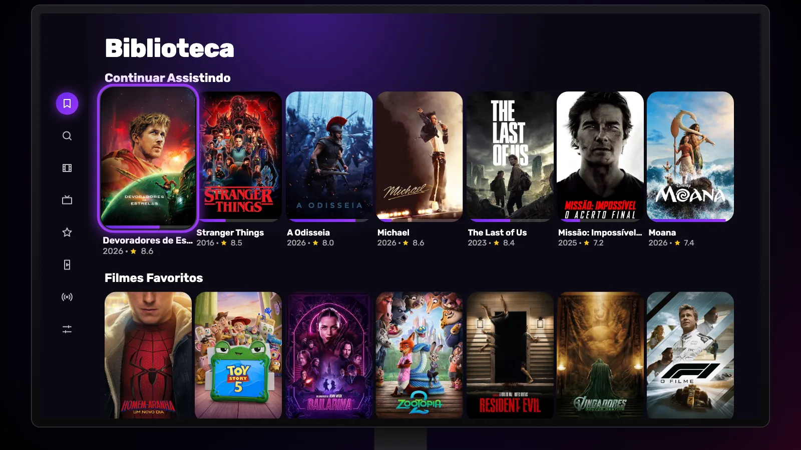 A Biblioteca na TV: Continuar Assistindo no topo com barras de progresso, depois Filmes Favoritos e Séries Favoritas.