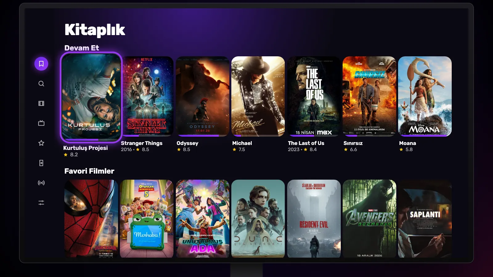 TV’de Kitaplık: en üstte ilerleme çubuklarıyla Devam Et, ardından Favori Filmler ve Favori Diziler.
