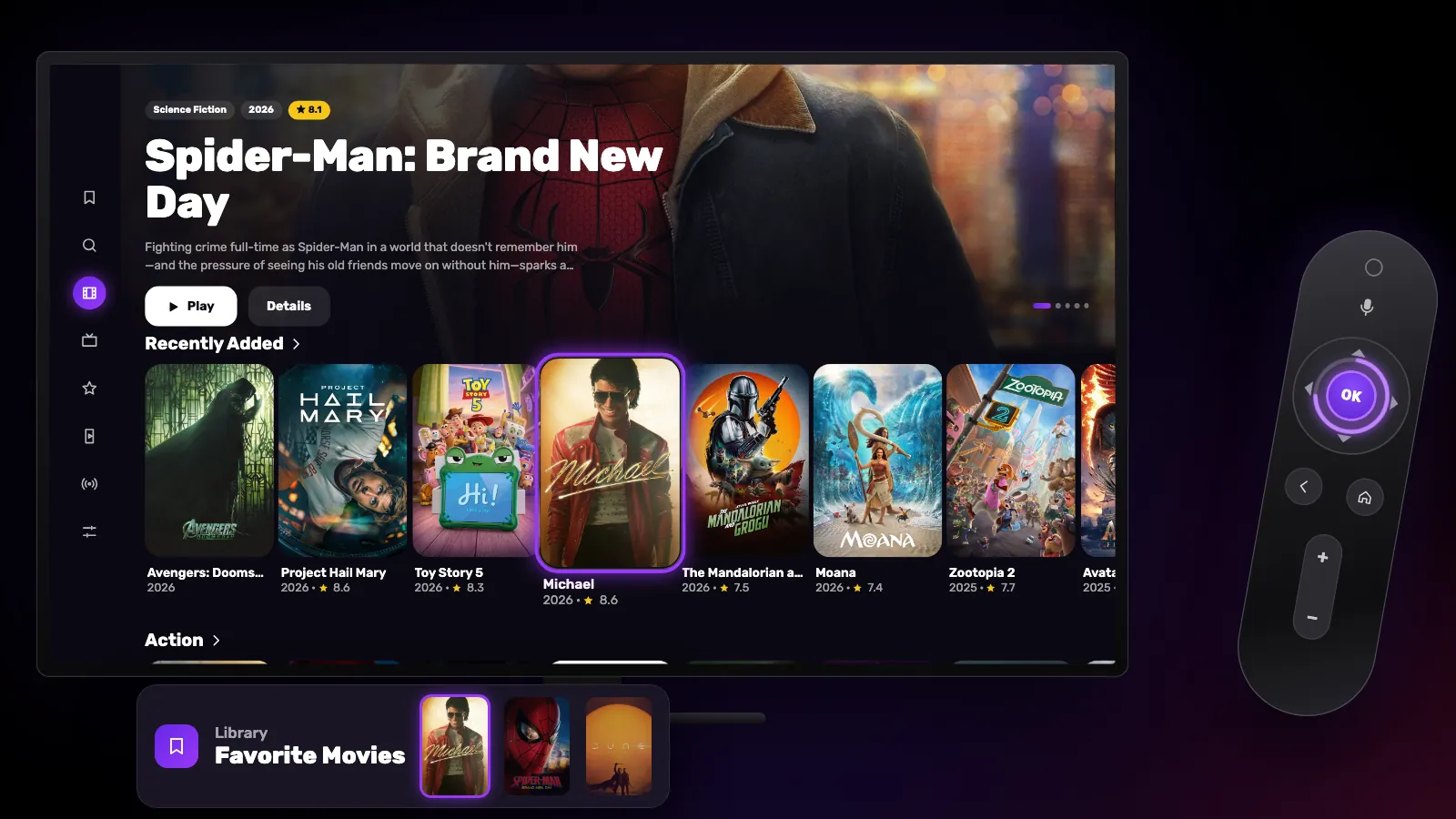 Holding OK on the remote adds the focused poster to favourites; it then turns up in the Library’s Favorite Movies row.