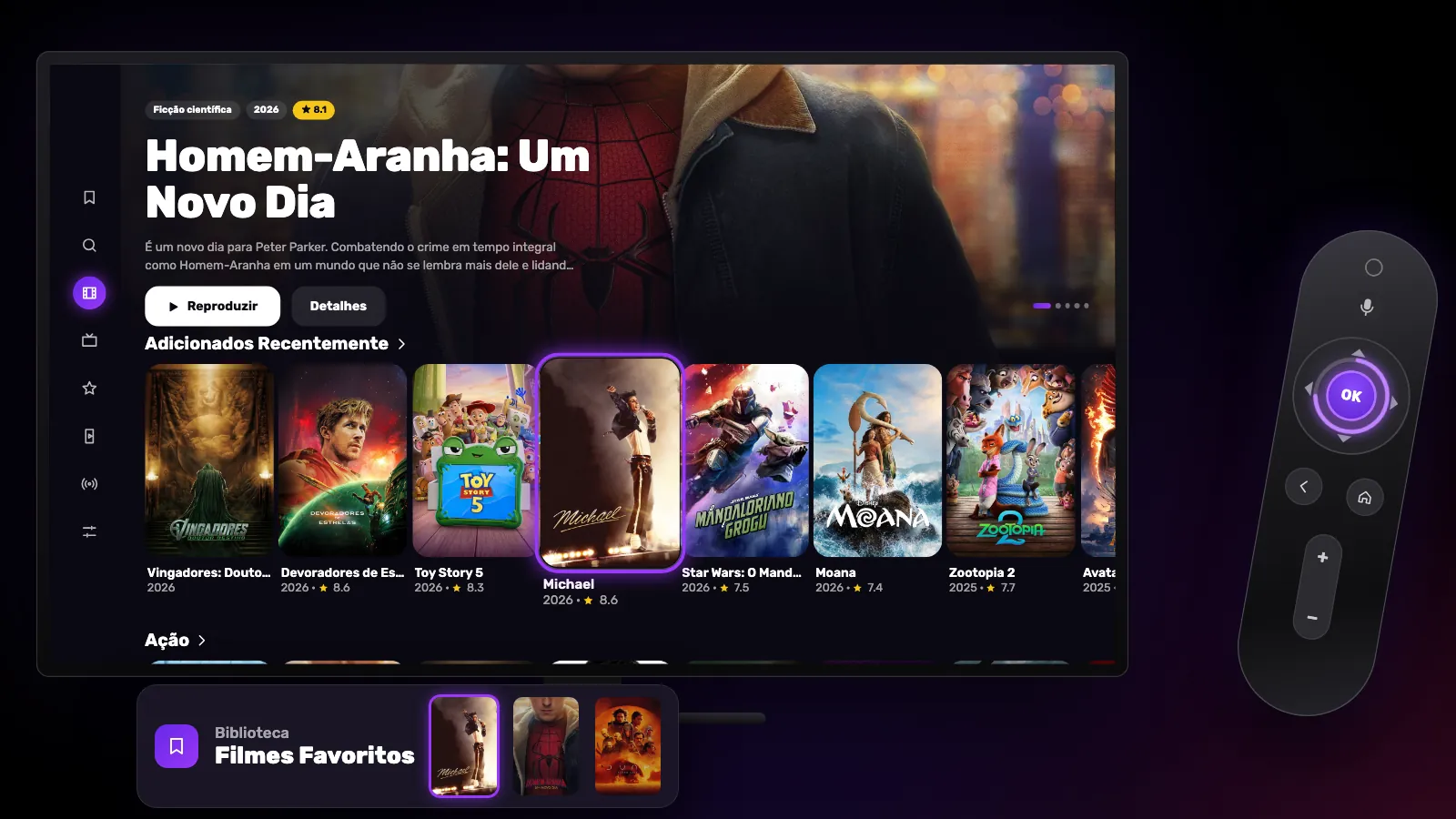Manter o OK pressionado adiciona o pôster selecionado aos favoritos; depois ele aparece na fileira Filmes Favoritos da Biblioteca.