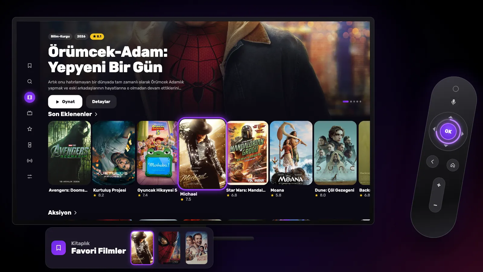 Kumandada OK’e basılı tutmak seçili posteri favorilere ekler; poster ardından Kitaplık’taki Favori Filmler satırında görünür.