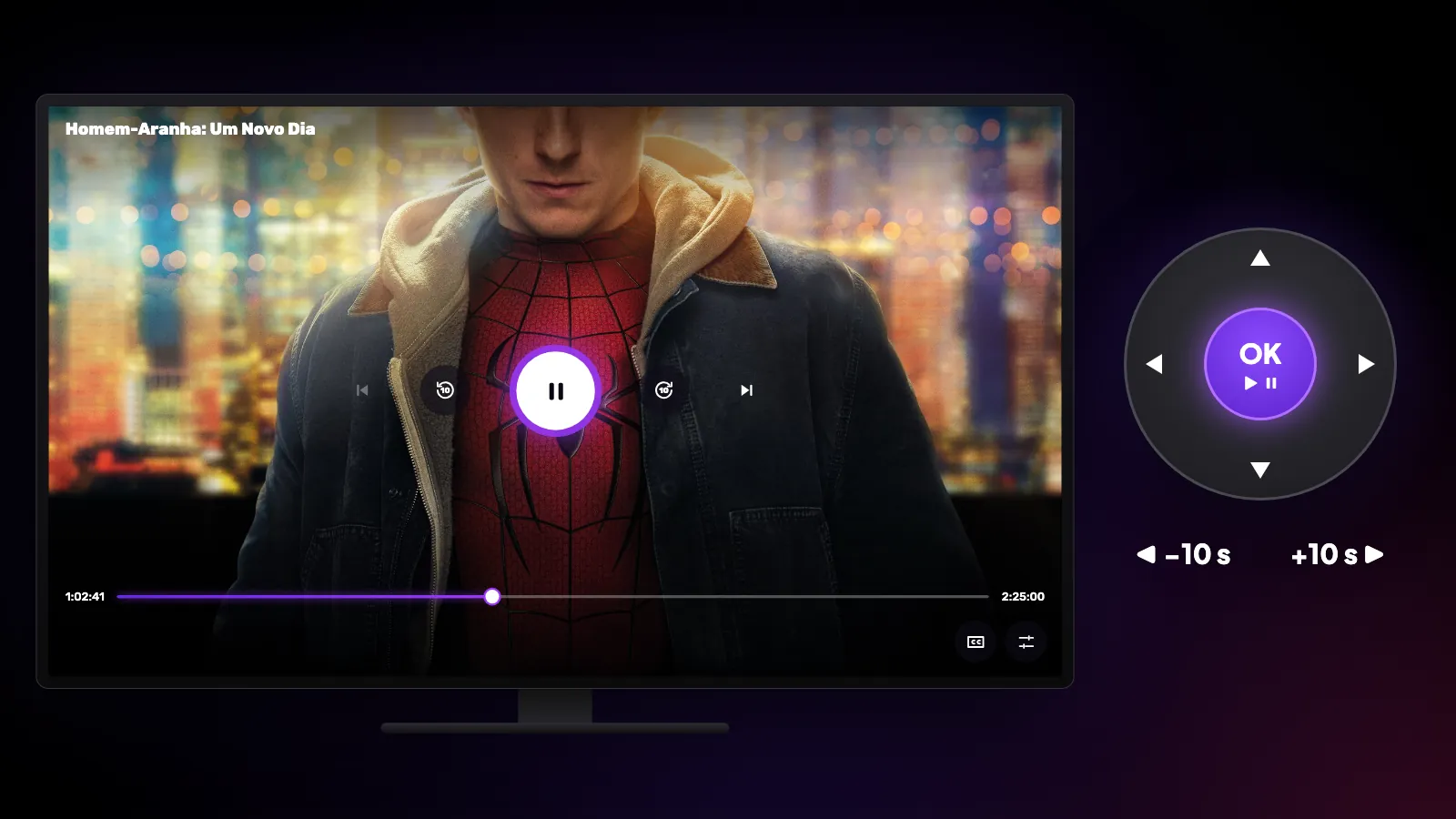 O player da TV com a barra de tempo e os controles, e o direcional: OK reproduz ou pausa, esquerda e direita pulam 10 segundos.