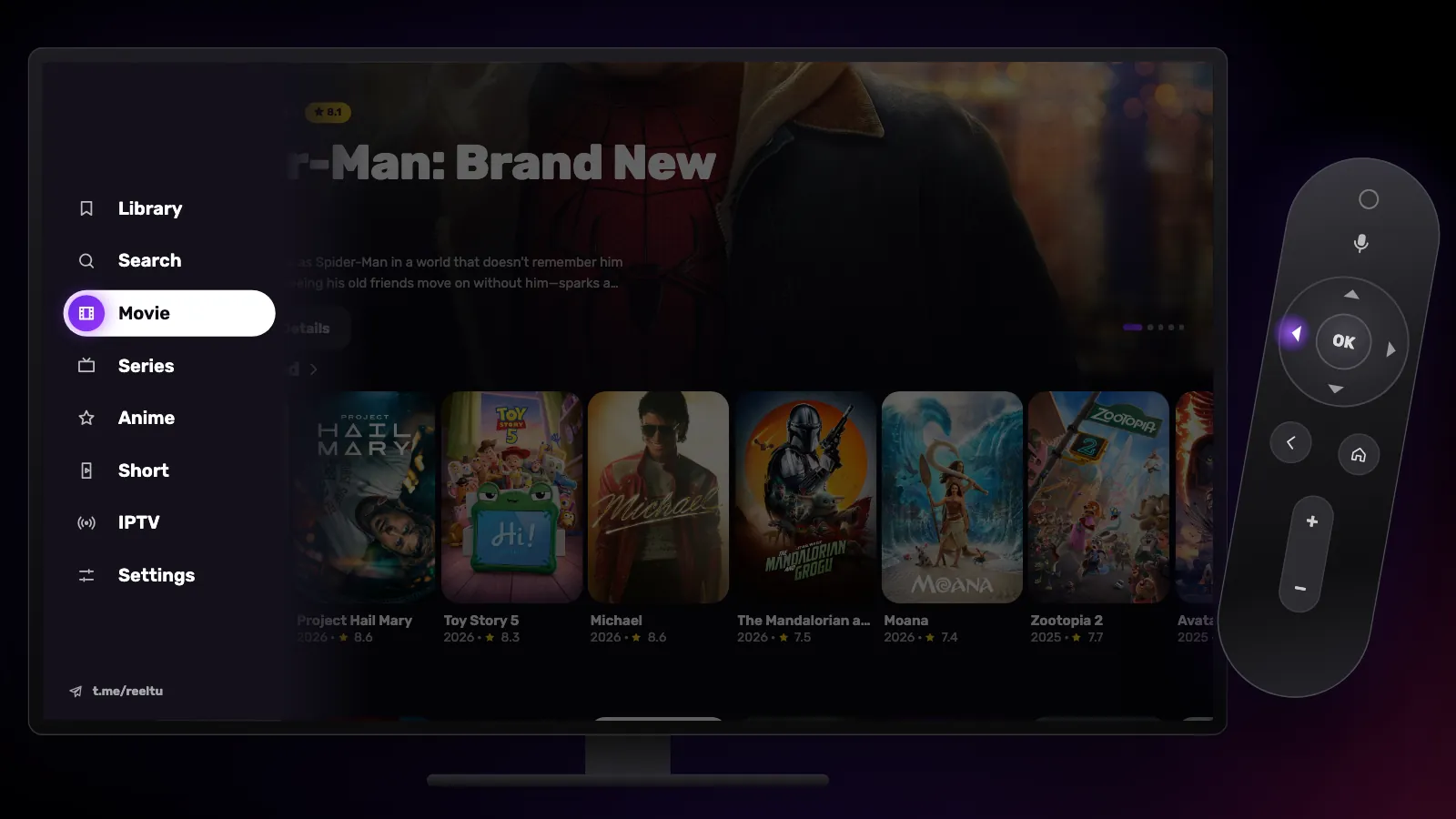 The rail opened on the left: Library, Search, Movie, Series, Anime, Short, IPTV and Settings, with left lit on the remote.