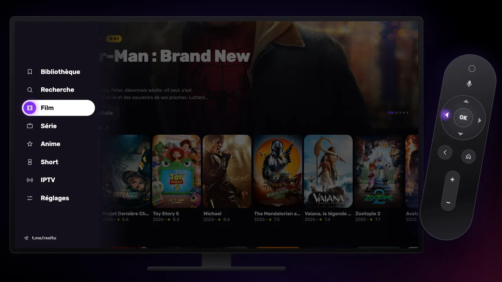 Le menu latéral ouvert : Bibliothèque, Recherche, Film, Série, Anime, Short, IPTV et Réglages ; la touche gauche est allumée.