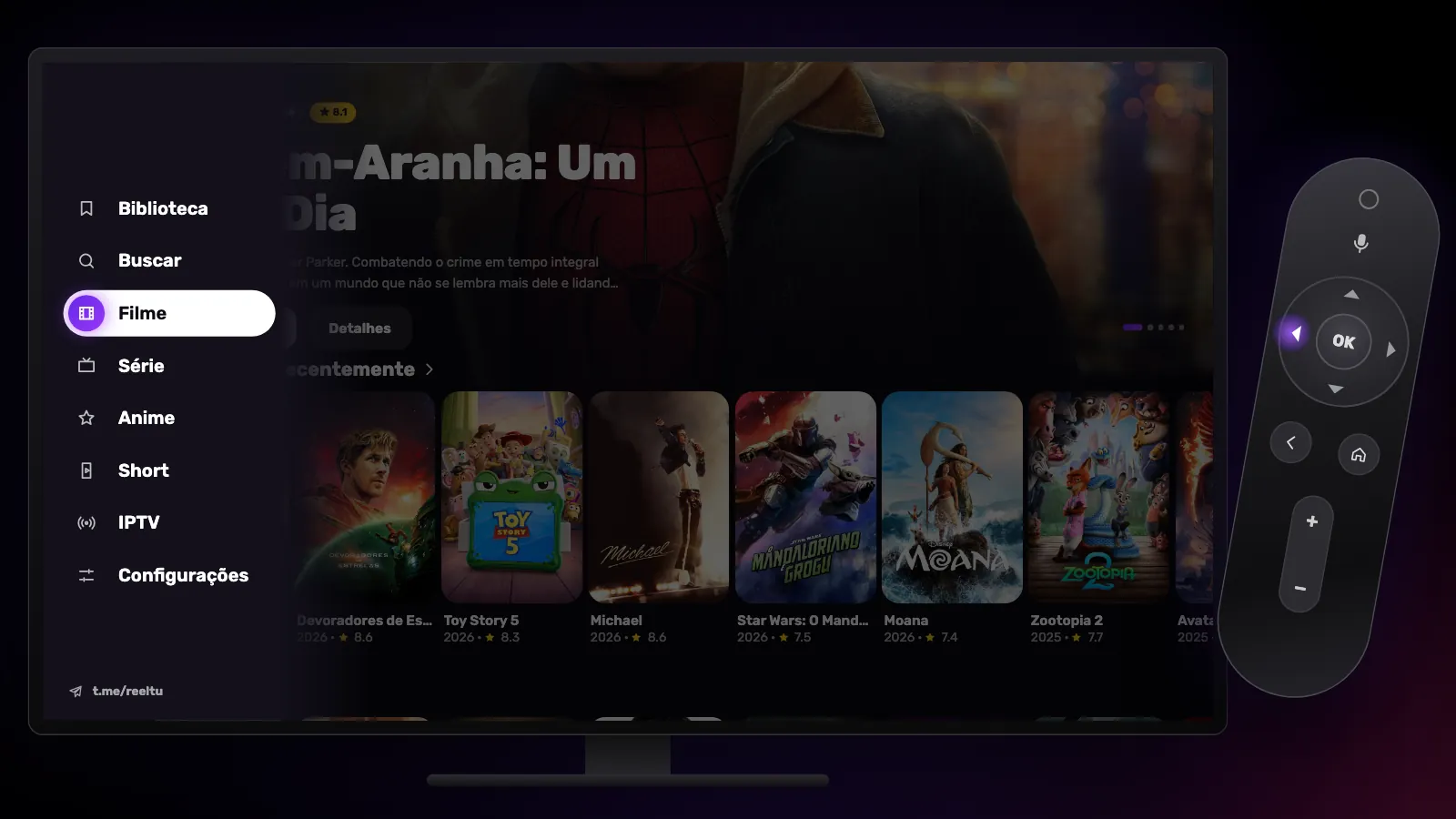 A barra lateral aberta: Biblioteca, Buscar, Filme, Série, Anime, Short, IPTV e Configurações, com a seta esquerda acesa.