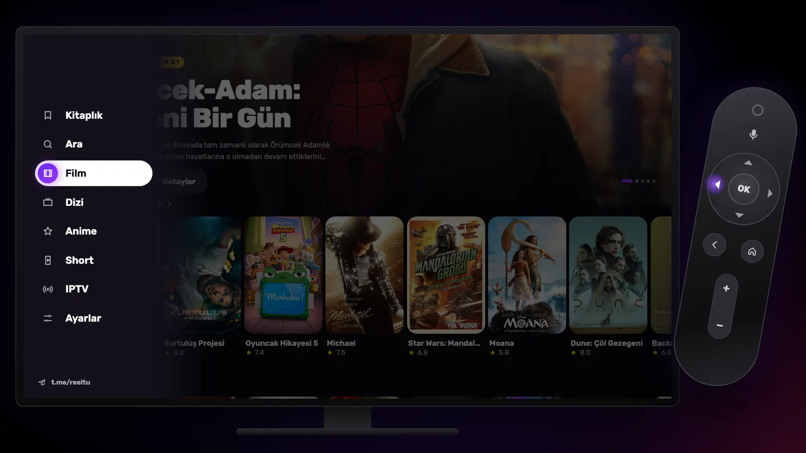 Ekranın solunda açılmış şerit: Kitaplık, Ara, Film, Dizi, Anime, Short, IPTV ve Ayarlar; kumandada sol tuş vurgulu.