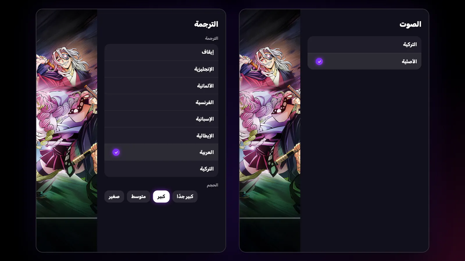 لوحتان في مشغّل التلفاز: لوحة الصوت تعرض الدبلجة التركية والصوت الأصلي، ولوحة الترجمة سبع لغات.
