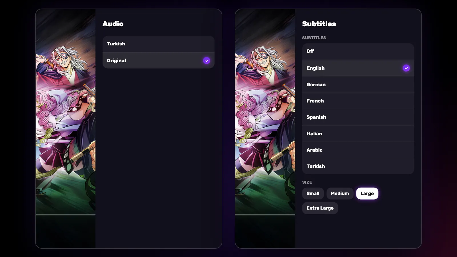 Two panels in the TV player: Audio lists the Turkish dub and the original audio, Subtitles lists seven languages.