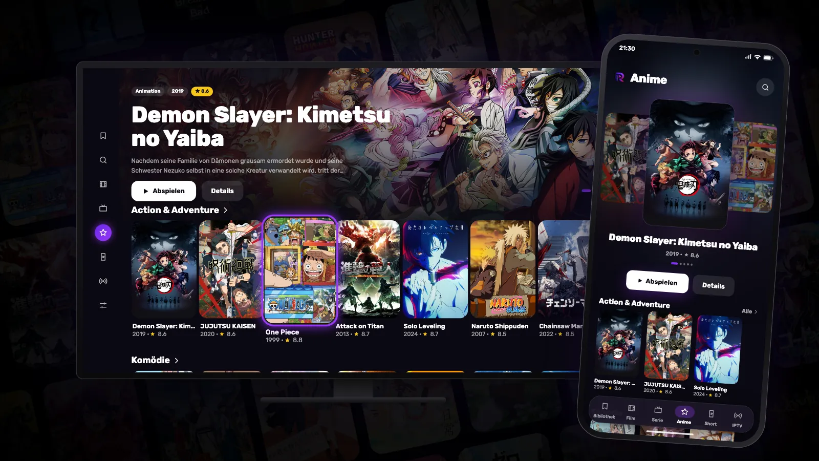 Der Anime-Tab von Reeltu auf einem Fernseher und einem Android-Handy, mit Reihen voller Anime-Poster.