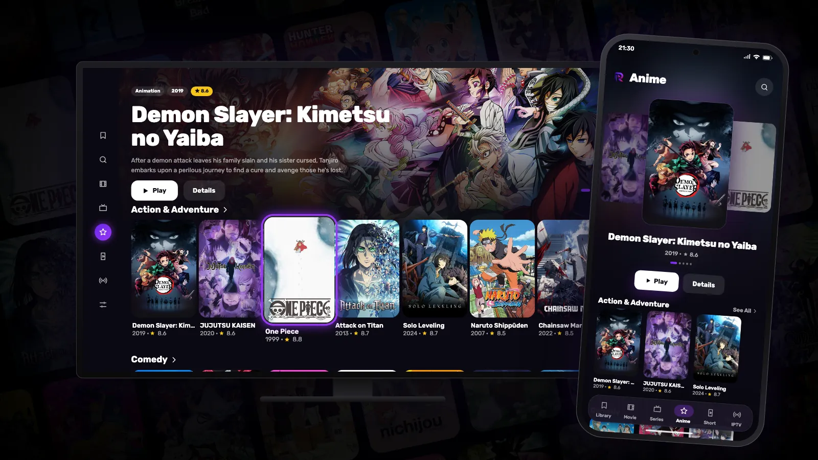 Reeltu’s Anime tab on a TV and on an Android phone, with rows full of anime posters.