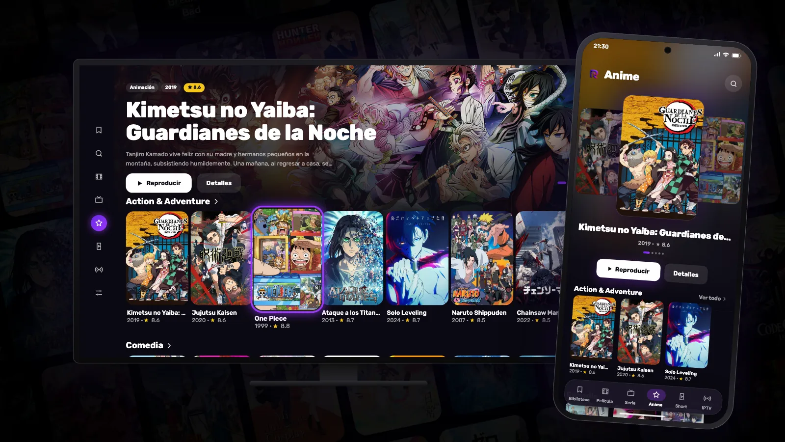 La pestaña Anime de Reeltu en una tele y en un móvil Android, con filas llenas de pósteres de anime.
