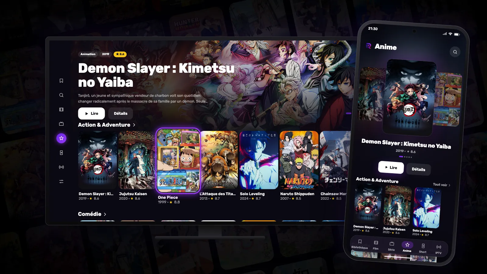 L’onglet Anime de Reeltu sur un téléviseur et sur un téléphone Android, avec des rangées d’affiches d’animés.