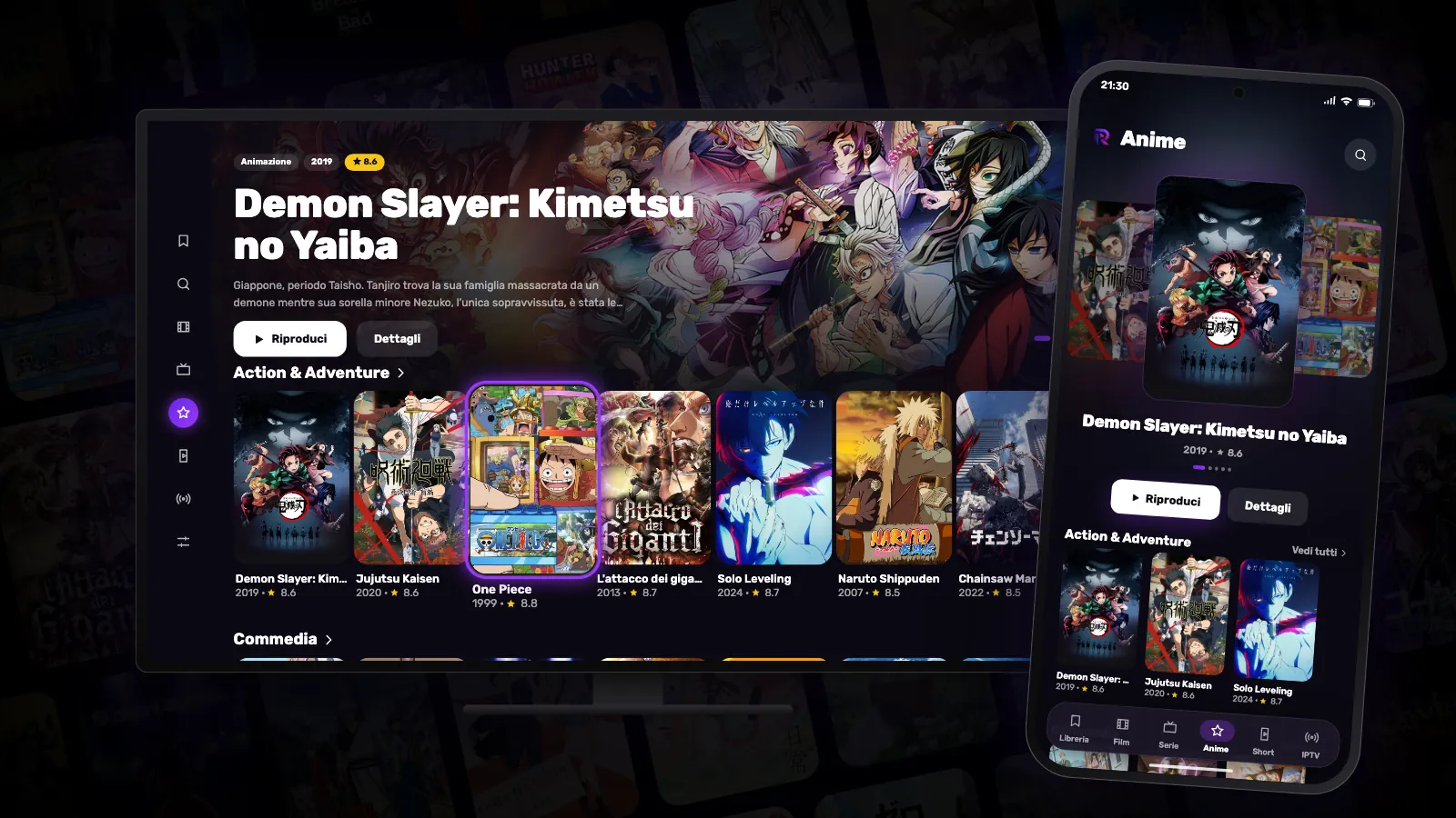 La scheda Anime di Reeltu su una TV e su un telefono Android, con file piene di locandine anime.