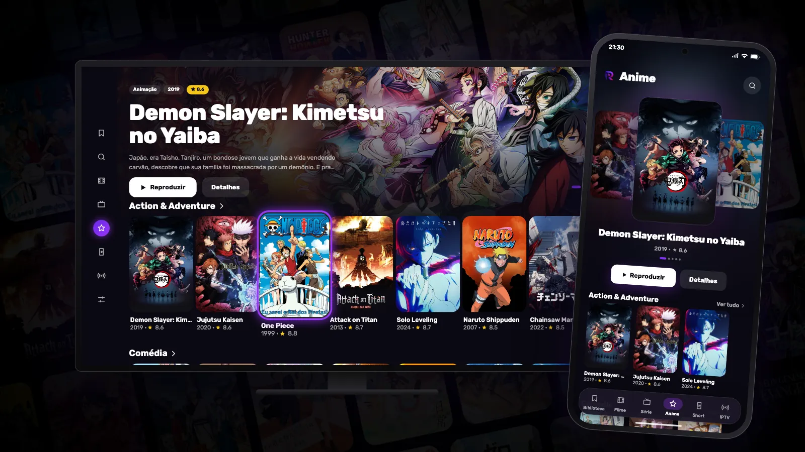 A aba Anime do Reeltu numa TV e num celular Android, com fileiras cheias de pôsteres de anime.