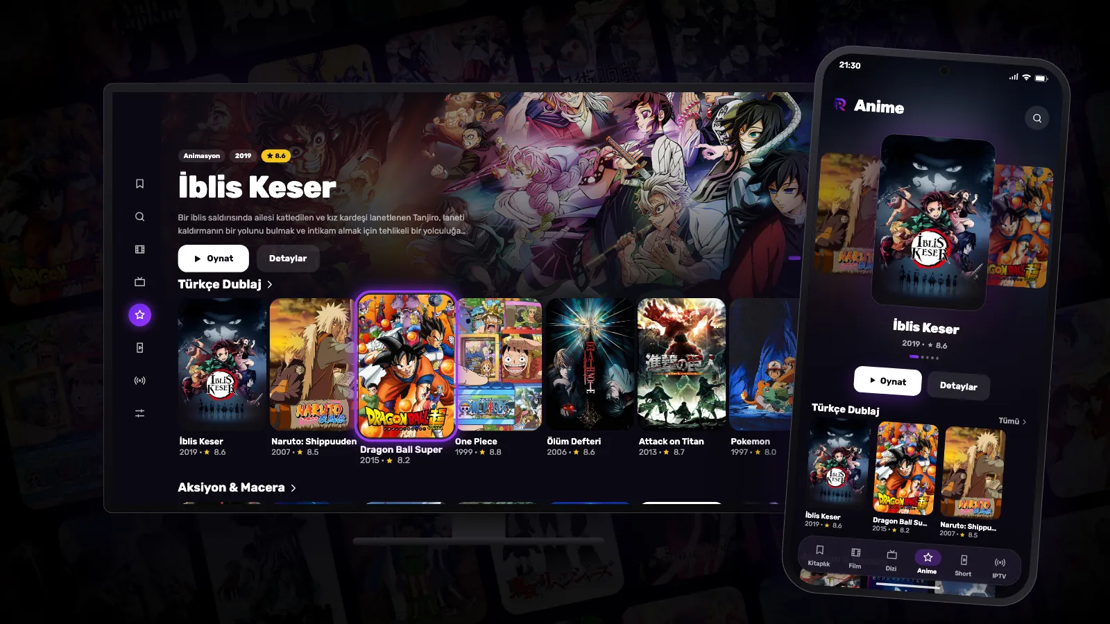Reeltu’nun Anime sekmesi bir televizyonda ve bir Android telefonda, anime posterleriyle dolu satırlar.