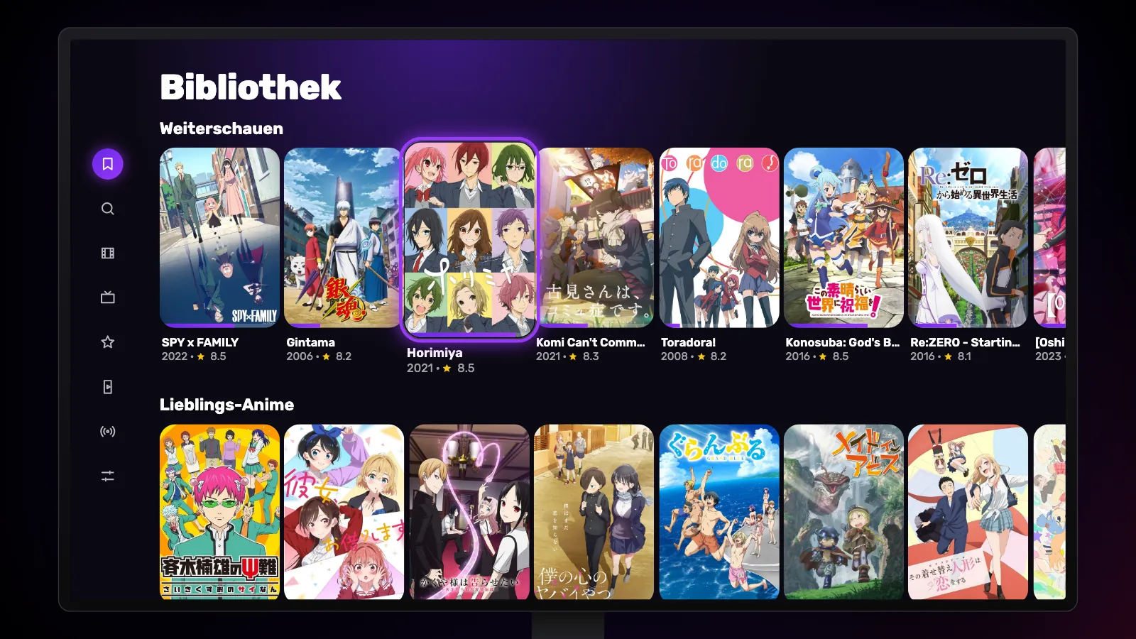 Die Bibliothek auf Google TV: eine Reihe Weiterschauen mit Fortschrittsbalken, darunter Lieblings-Anime.