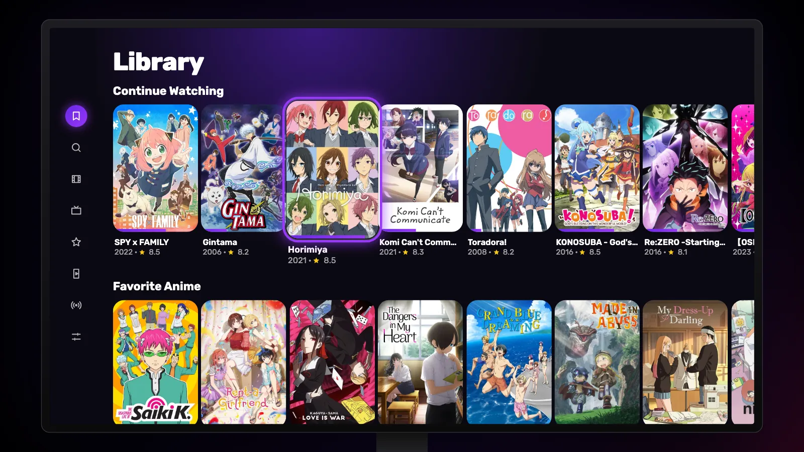 The Library on Google TV: a Continue Watching row with progress bars and a Favorite Anime row below it.
