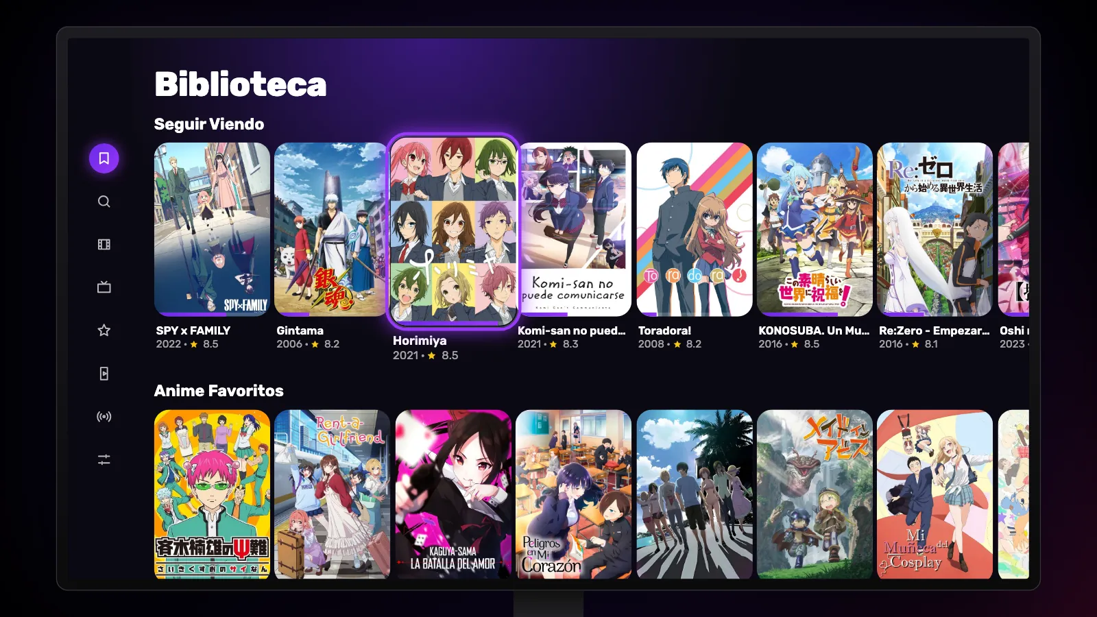 La Biblioteca en Google TV: la fila Seguir Viendo con barras de progreso y debajo Anime Favoritos.