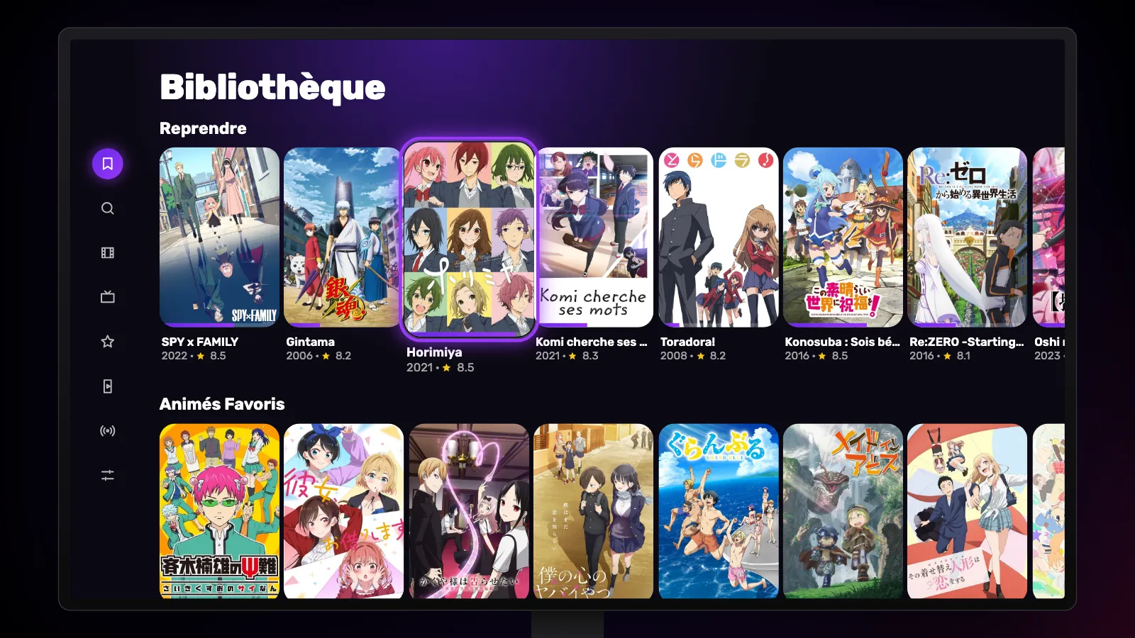 La Bibliothèque sur Google TV : la rangée Reprendre avec ses barres de progression, puis Animés Favoris.