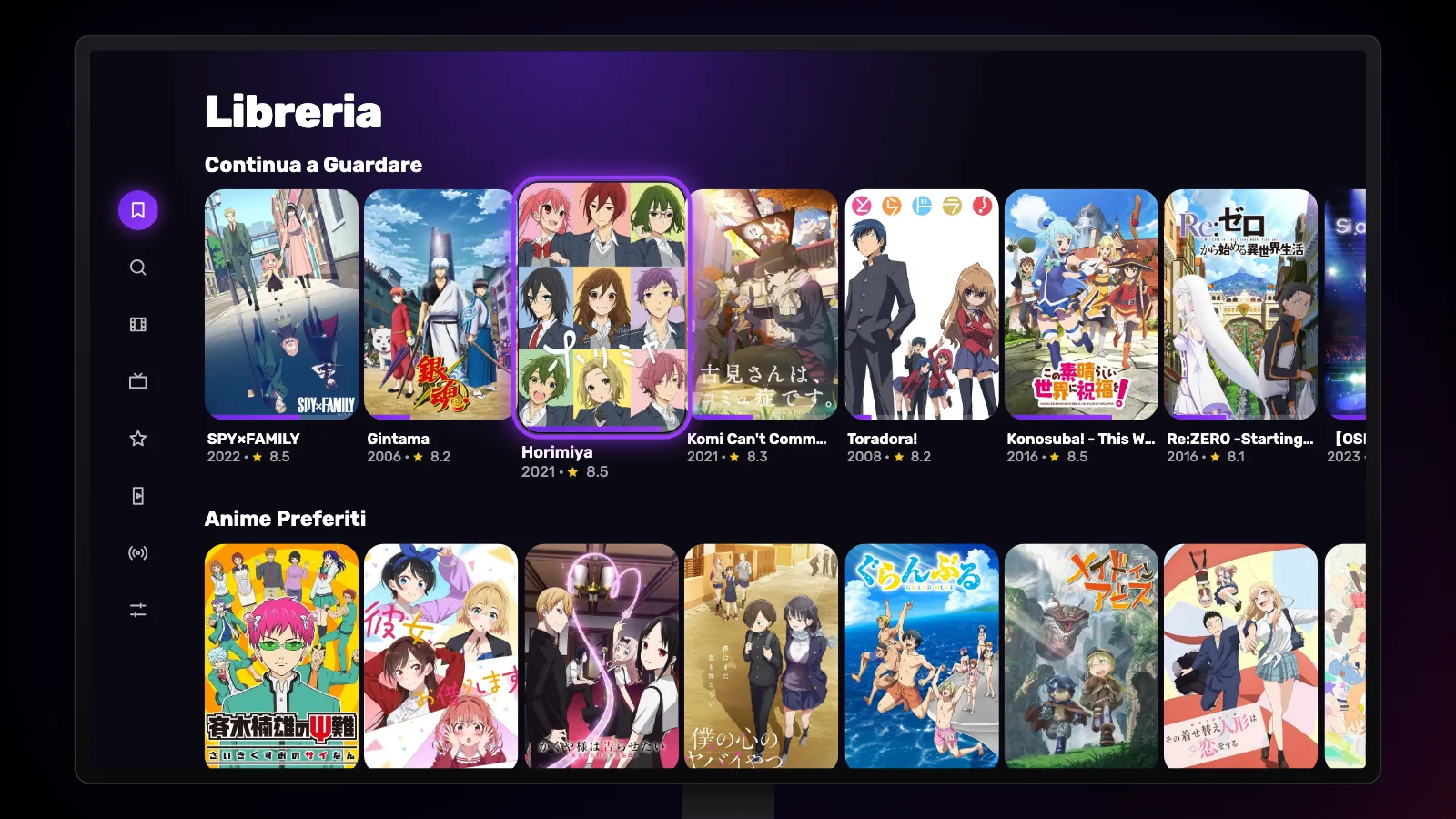 La Libreria su Google TV: la fila Continua a Guardare con le barre di avanzamento e sotto Anime Preferiti.