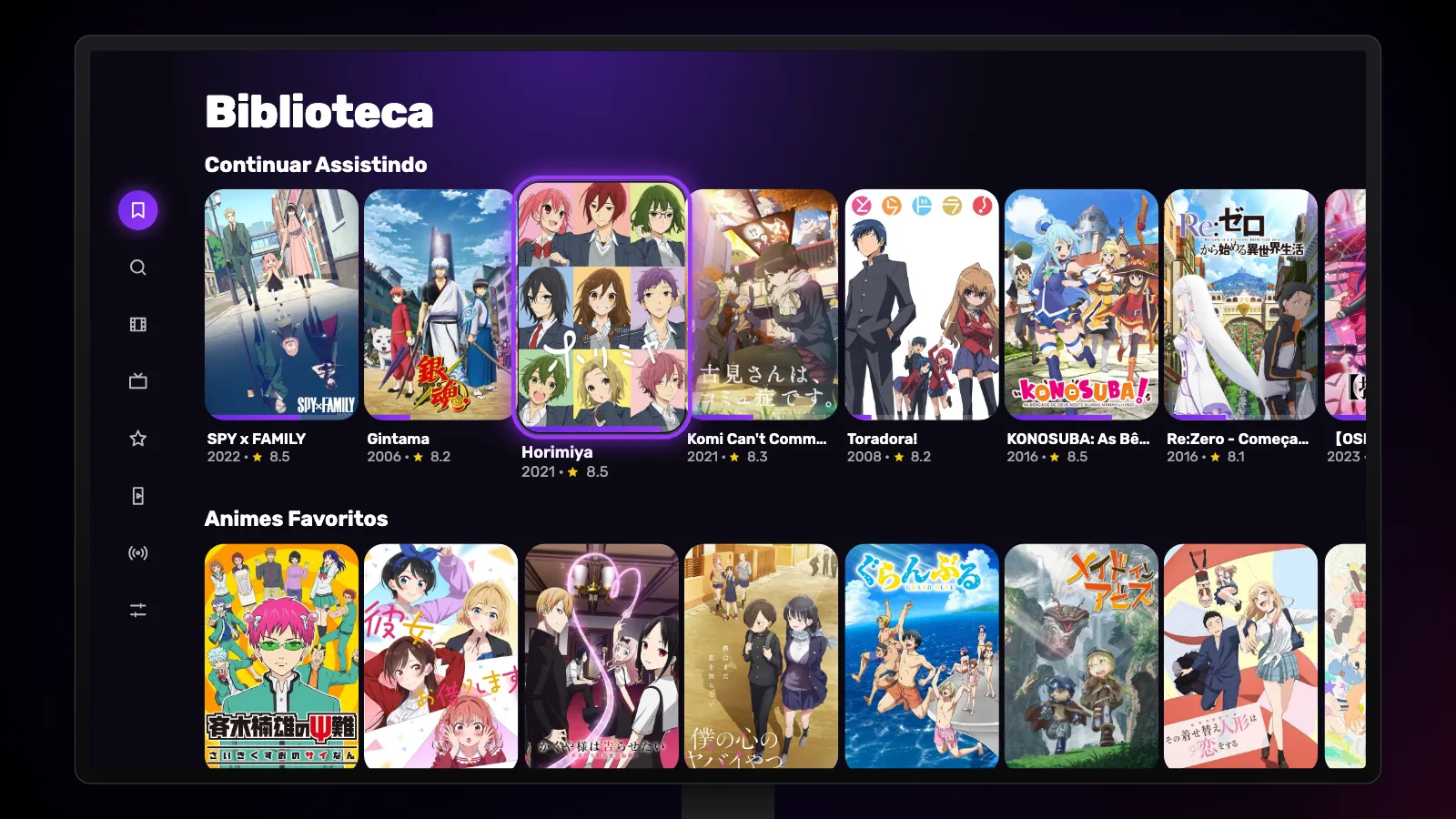 A Biblioteca no Google TV: a fileira Continuar Assistindo com barras de progresso e abaixo Animes Favoritos.