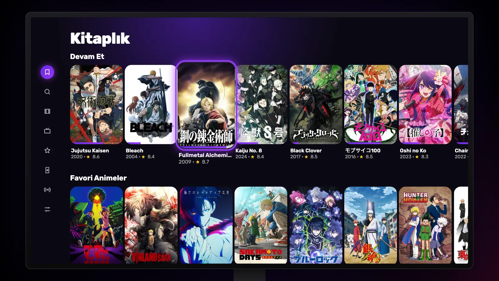 Google TV’de Kitaplık: izleme çubuklarıyla Devam Et satırı ve altında Favori Animeler satırı.