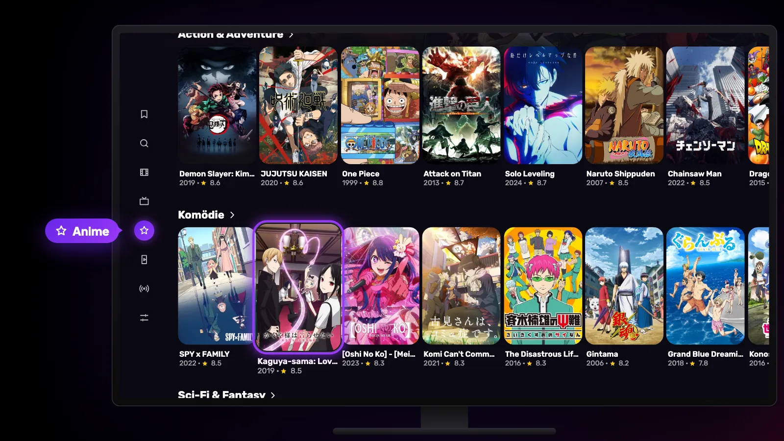 Der Anime-Tab auf Google TV: Anime in der Seitenleiste gewählt, darunter Anime-Reihen nach Genre.