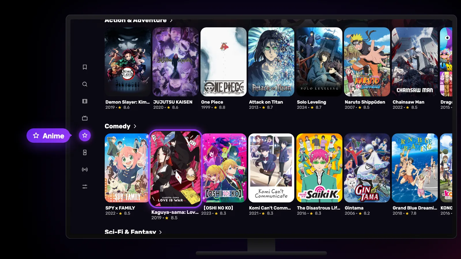 The Anime tab on Google TV: Anime selected in the side rail, with anime rows by genre.