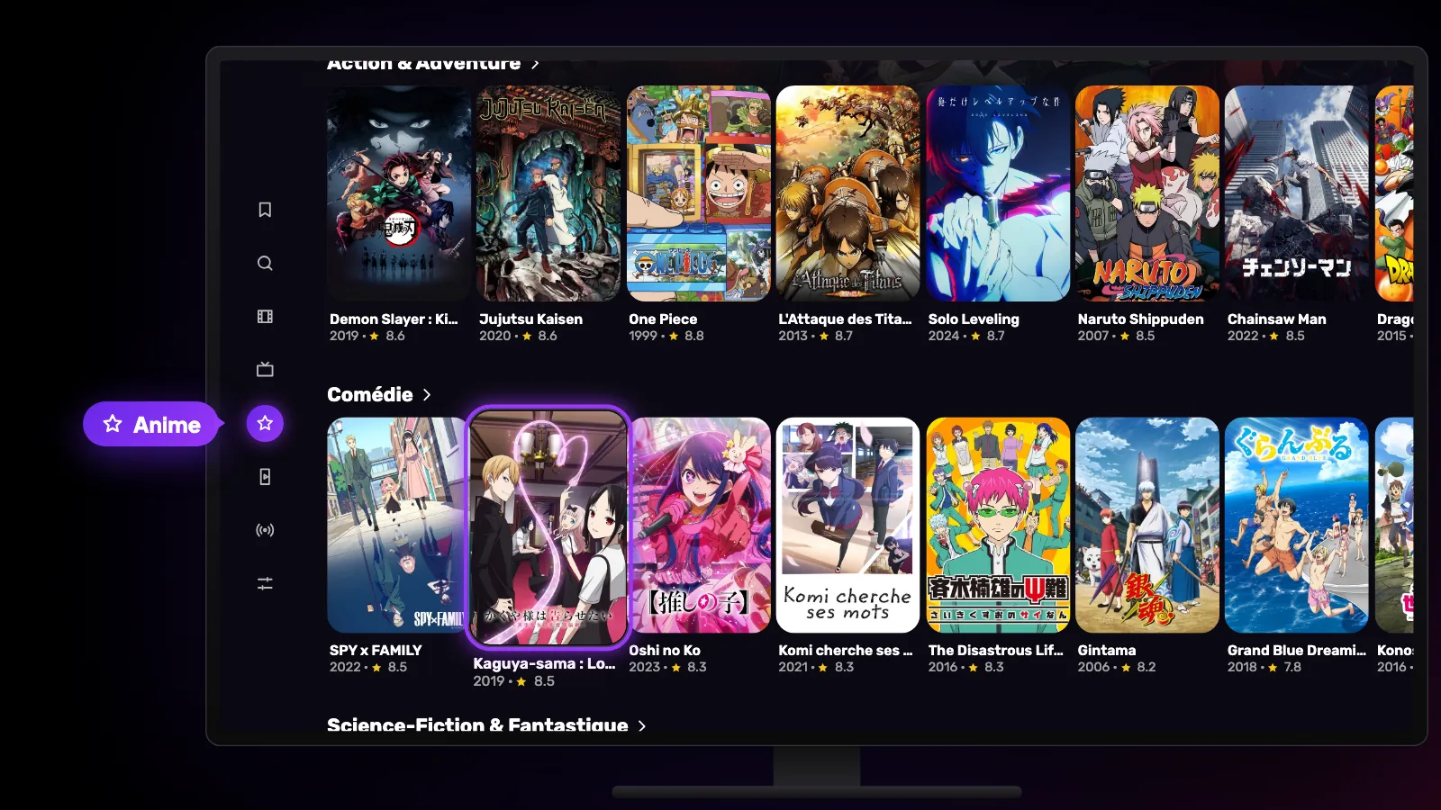 L’onglet Anime sur Google TV : Anime sélectionné dans la barre latérale, avec des rangées d’animés par genre.