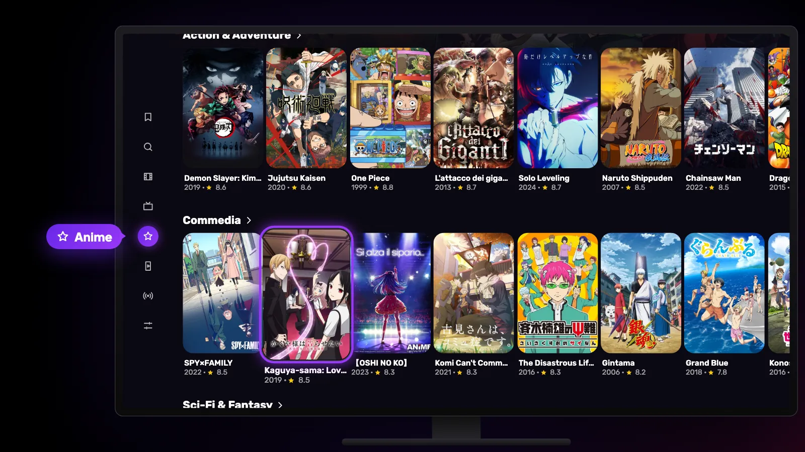La scheda Anime su Google TV: Anime selezionato nella barra laterale, con file di anime per genere.