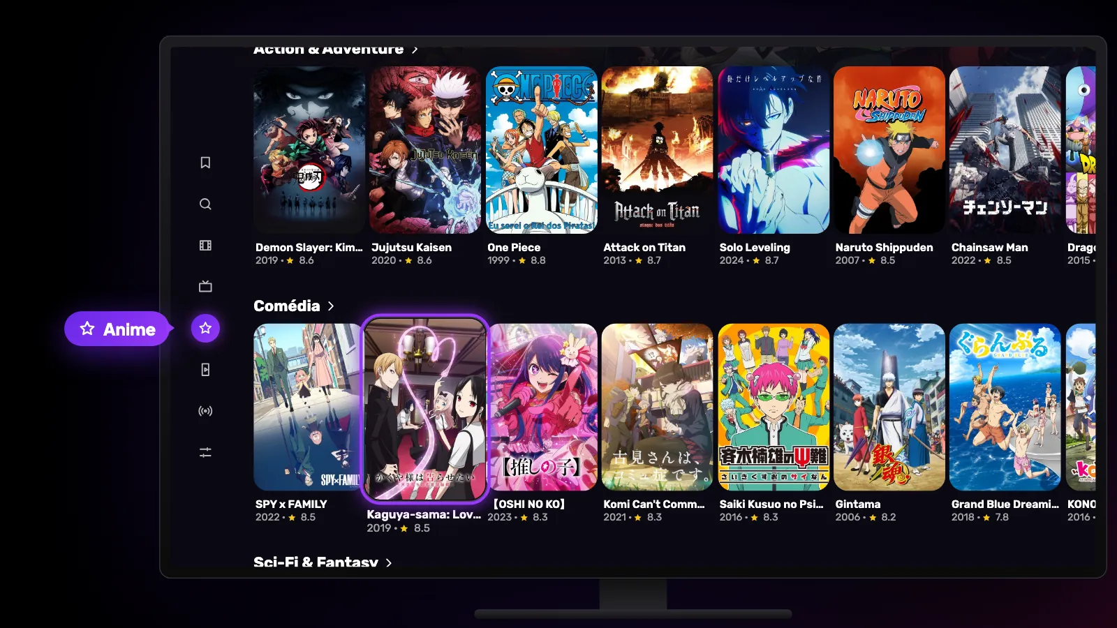A aba Anime no Google TV: Anime selecionado na barra lateral, com fileiras de anime por gênero.
