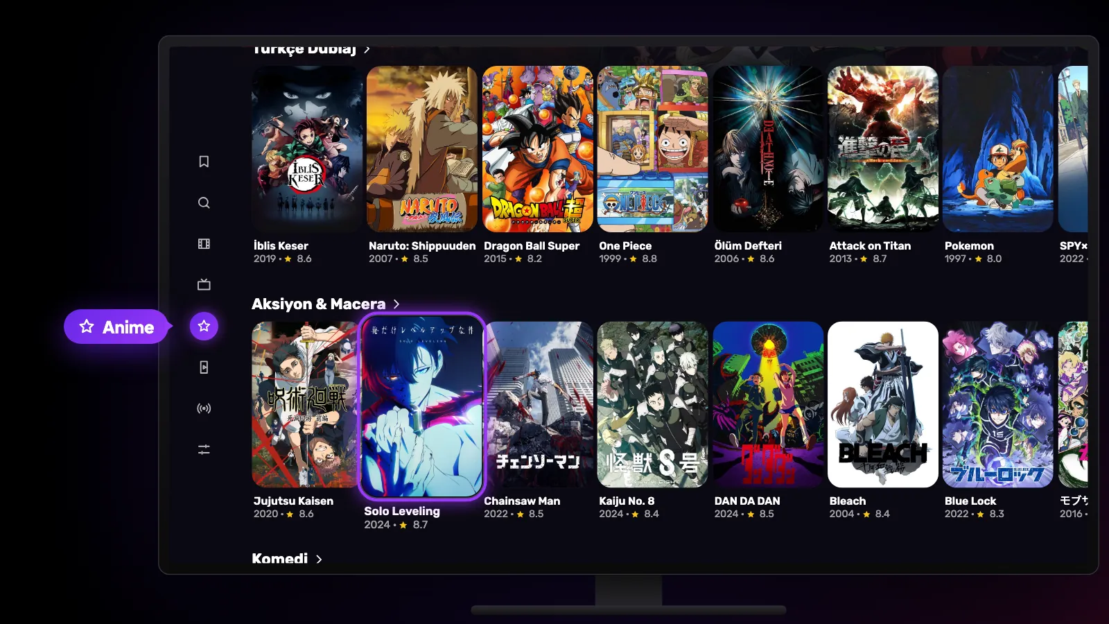 Google TV’de Anime sekmesi: kenar çubuğunda Anime seçili, türlere göre anime satırları.