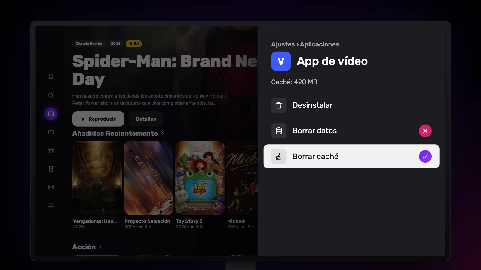 La página de una app: Borrar caché está seleccionado y marcado, y Borrar datos lleva una cruz.