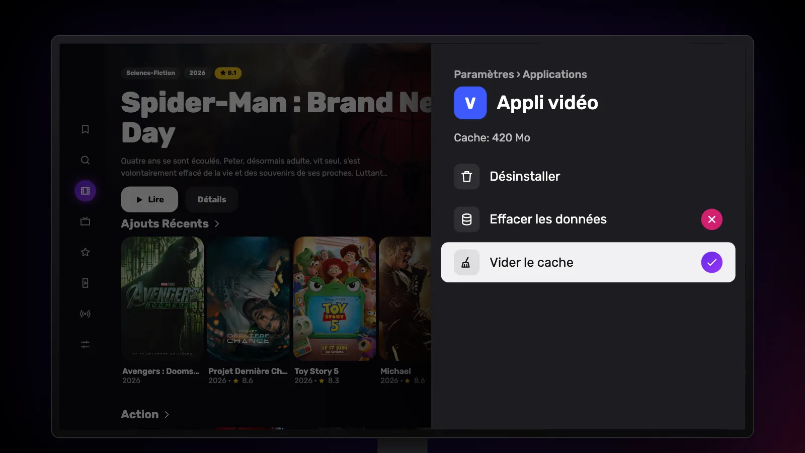 La page d’une application : Vider le cache est sélectionné et coché, Effacer les données est barré d’une croix.
