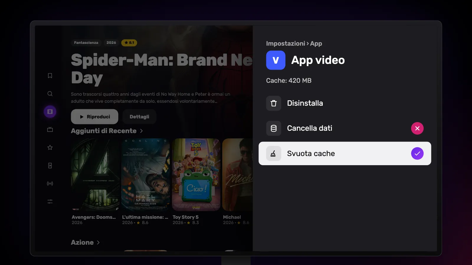 La pagina di un’app: Svuota cache è selezionato e spuntato, Cancella dati è segnato con una croce.
