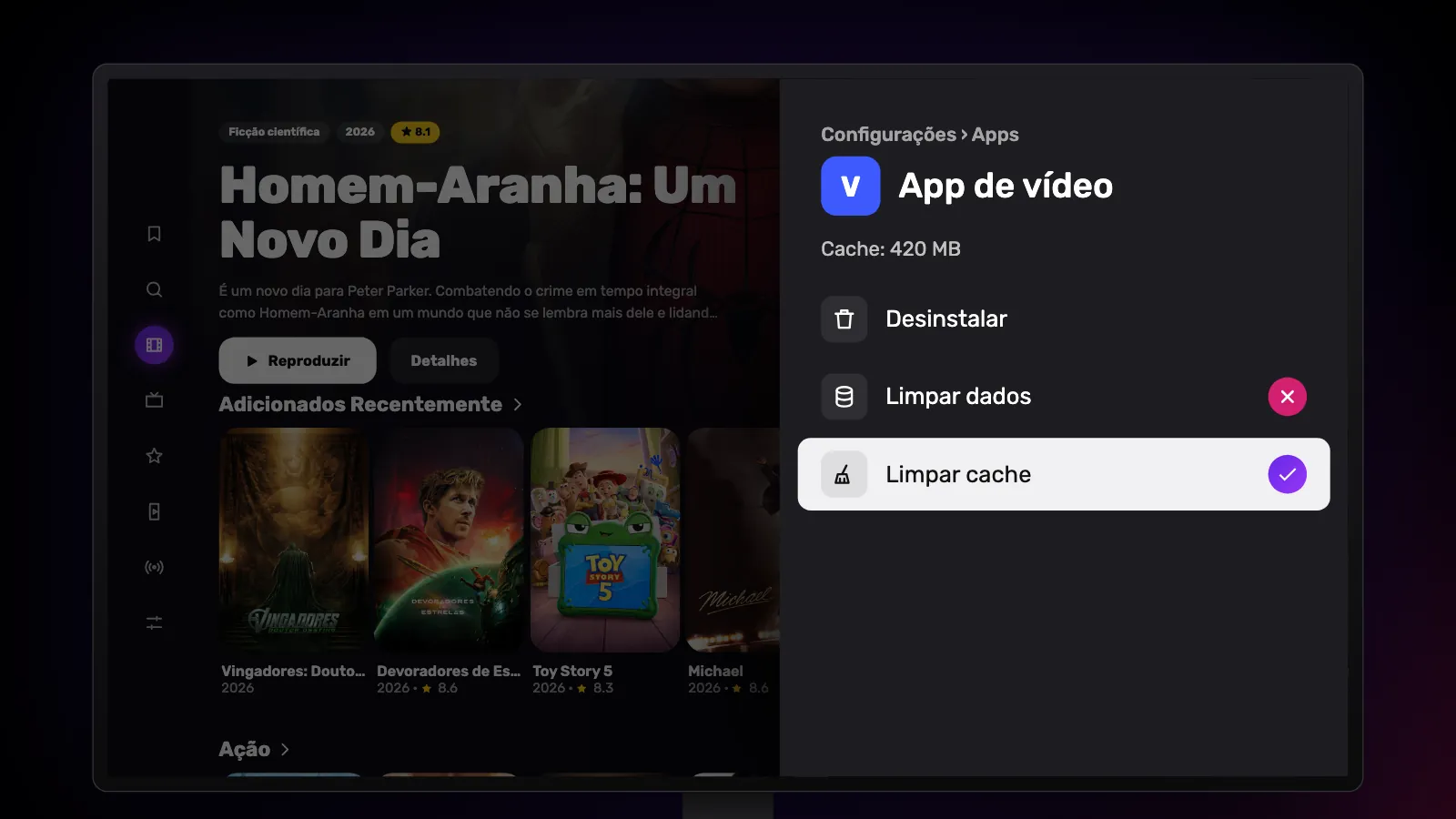 A página de um app: Limpar cache está selecionado e marcado, e Limpar dados tem um X.