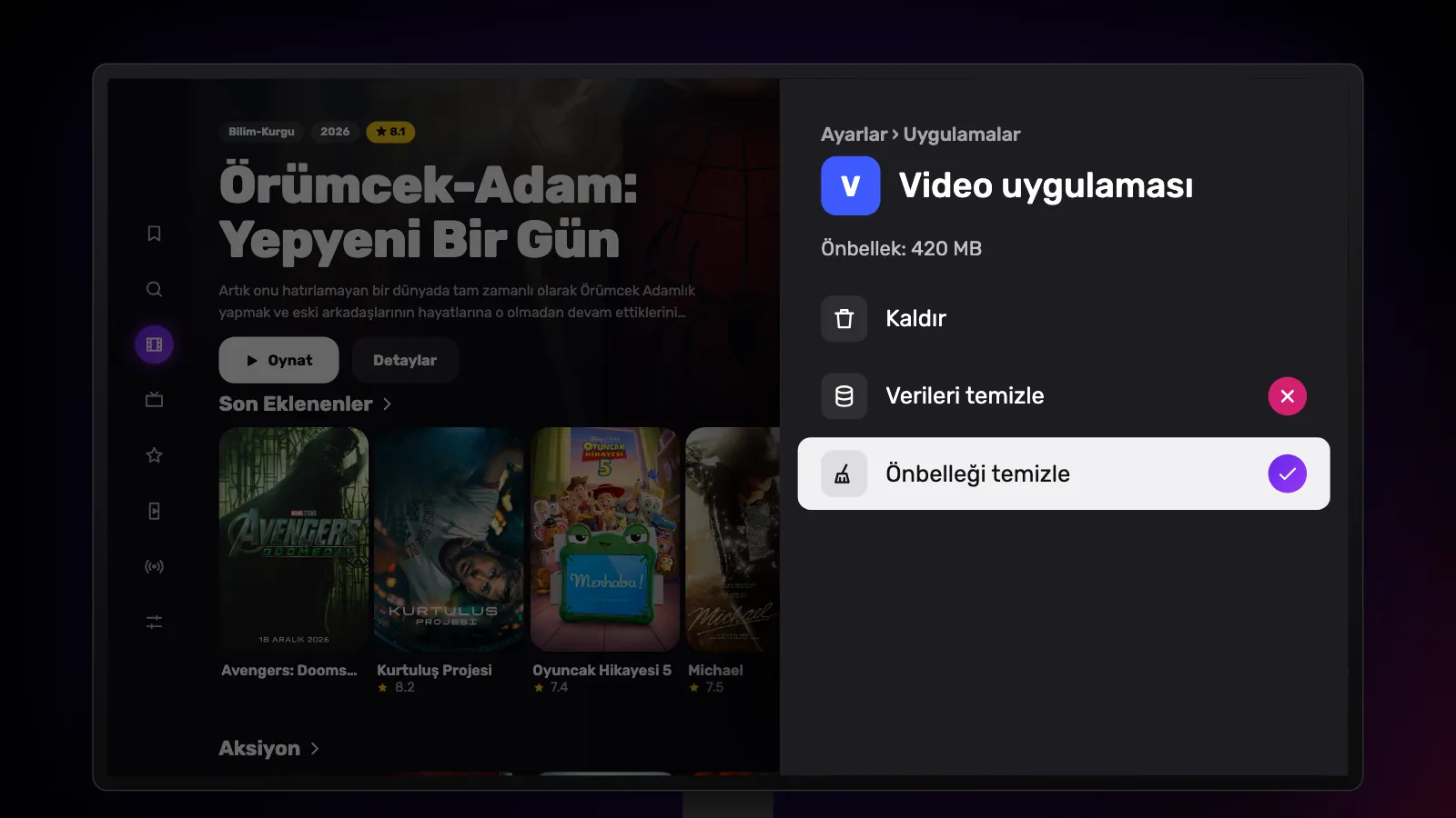 Bir uygulamanın sayfası: Önbelleği temizle seçili ve işaretli, Verileri temizle çarpıyla uyarılı.