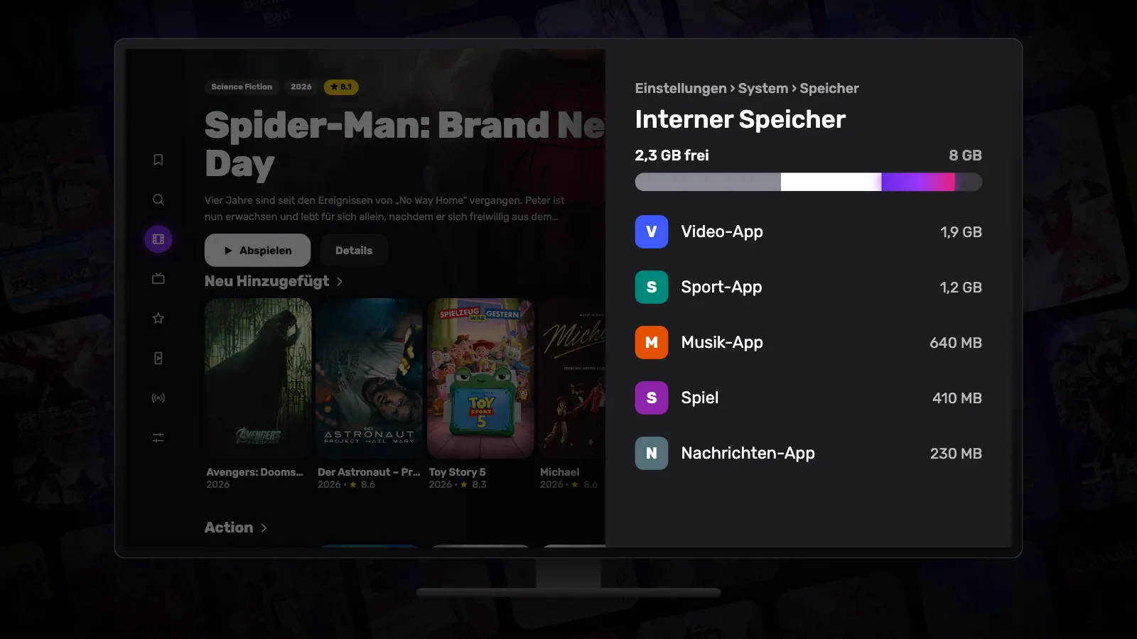 Der Bildschirm Interner Speicher auf Google TV: Auf dem fast vollen Balken leuchtet der gerade frei gewordene Teil.