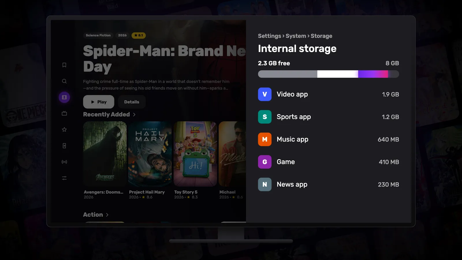 The Internal storage screen on Google TV: on a nearly full bar, the stretch just freed lights up.