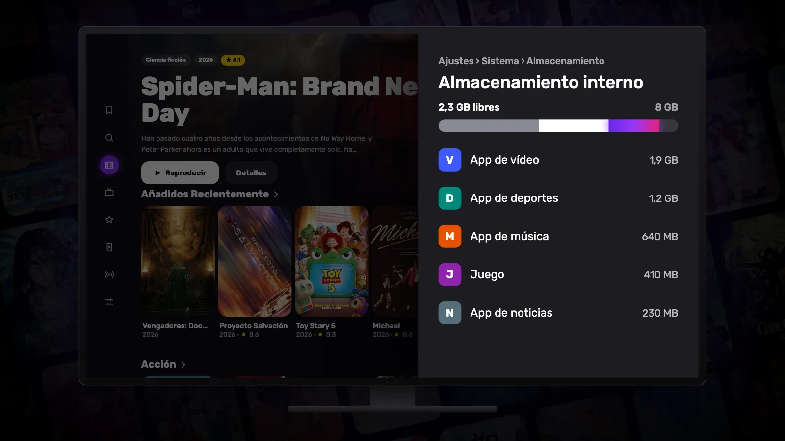 La pantalla Almacenamiento interno en Google TV: en la barra casi llena se ilumina el tramo recién liberado.