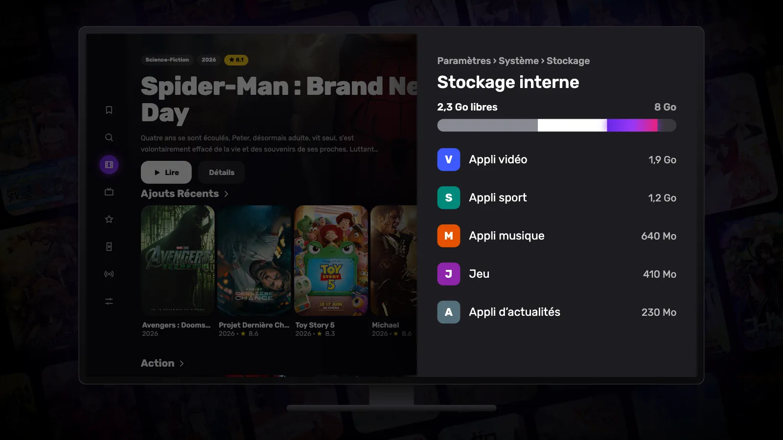 L’écran Stockage interne sur Google TV : sur une barre presque pleine, la part qui vient d’être libérée s’illumine.