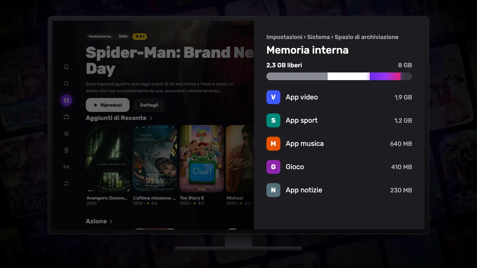 La schermata Memoria interna su Google TV: sulla barra quasi piena si illumina la parte appena liberata.