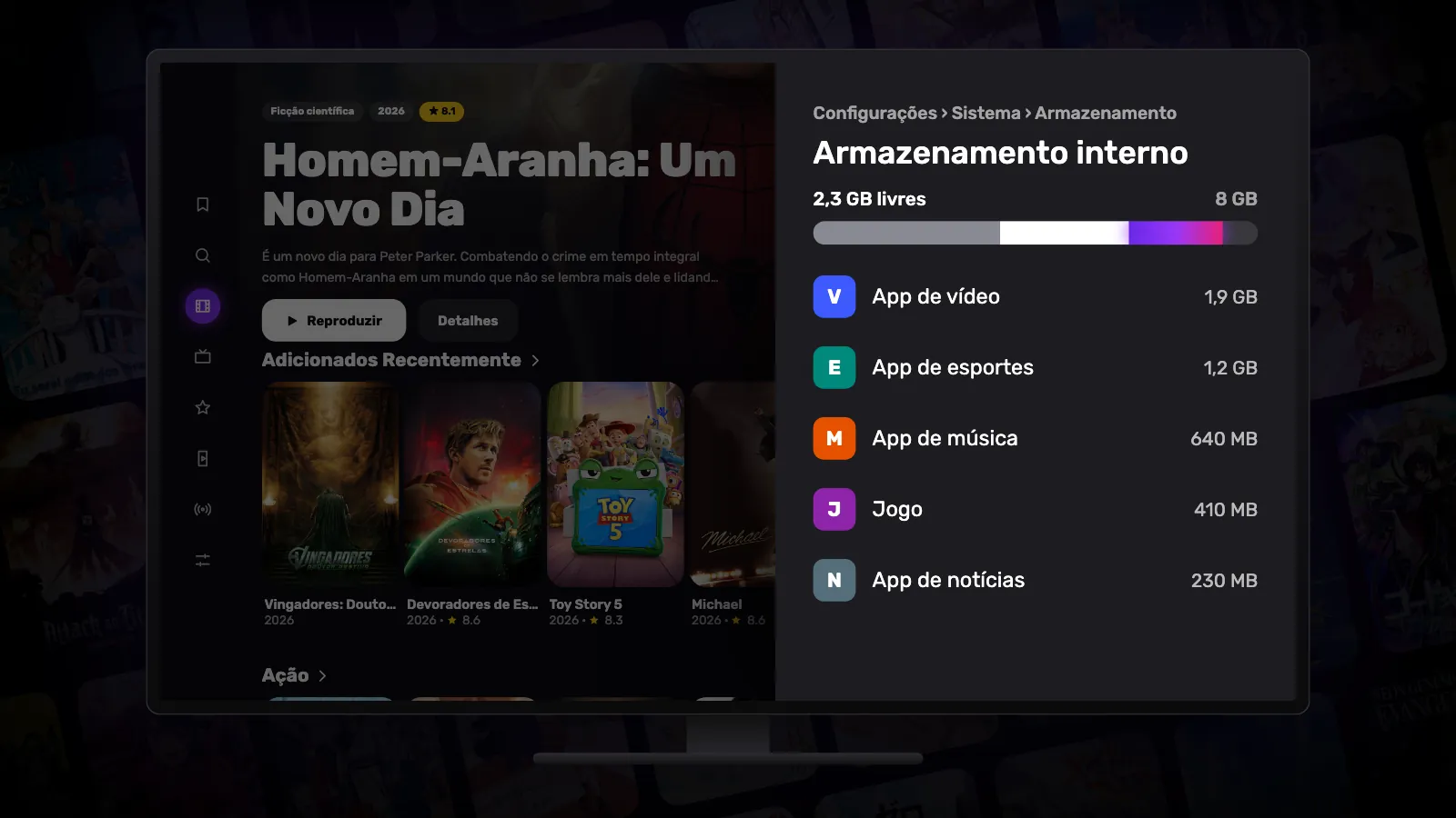 A tela Armazenamento interno no Google TV: na barra quase cheia, o trecho que acabou de ser liberado se acende.